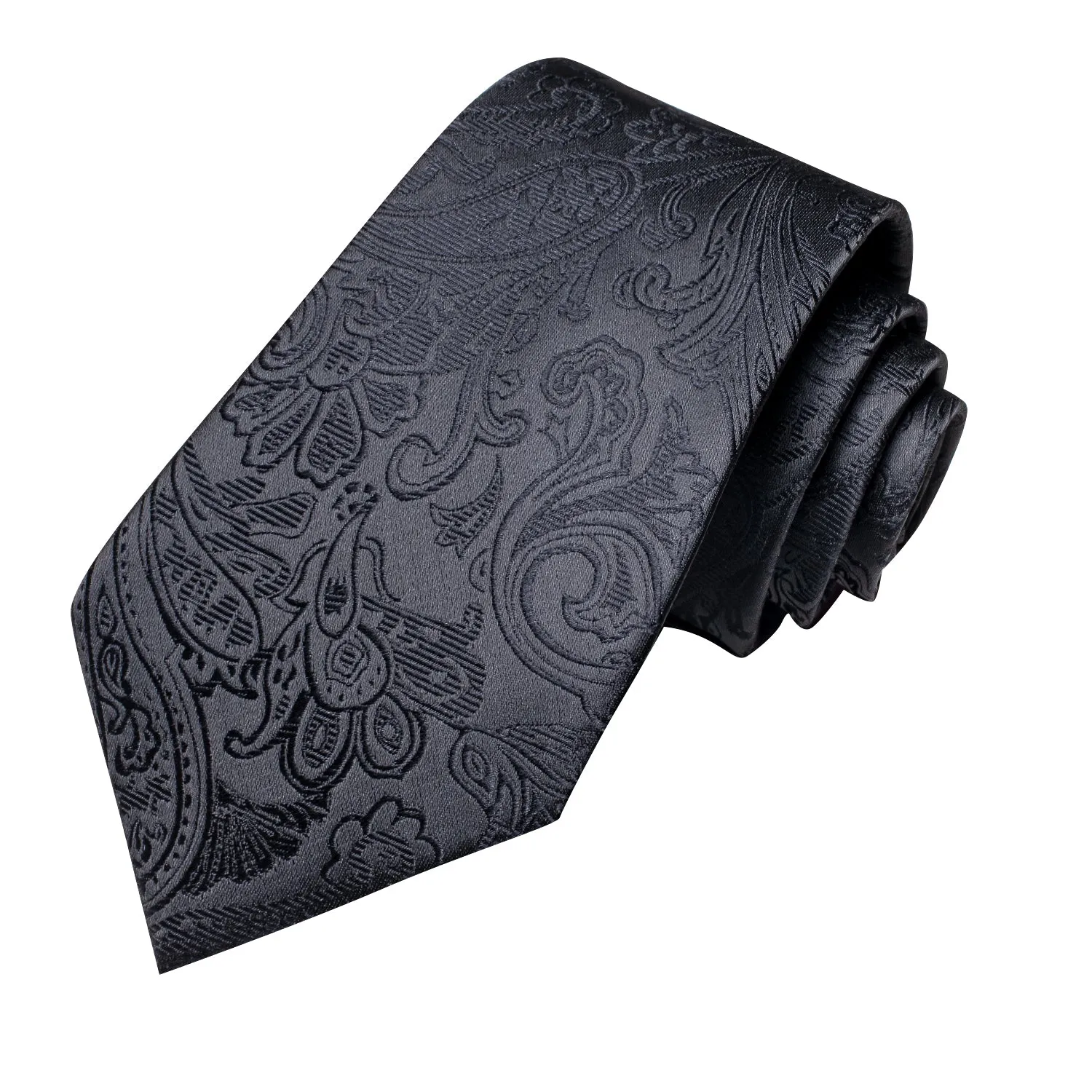 Hi-Tie Black Paisley Silk Men's Necktie Pocket Square Cufflinks Set