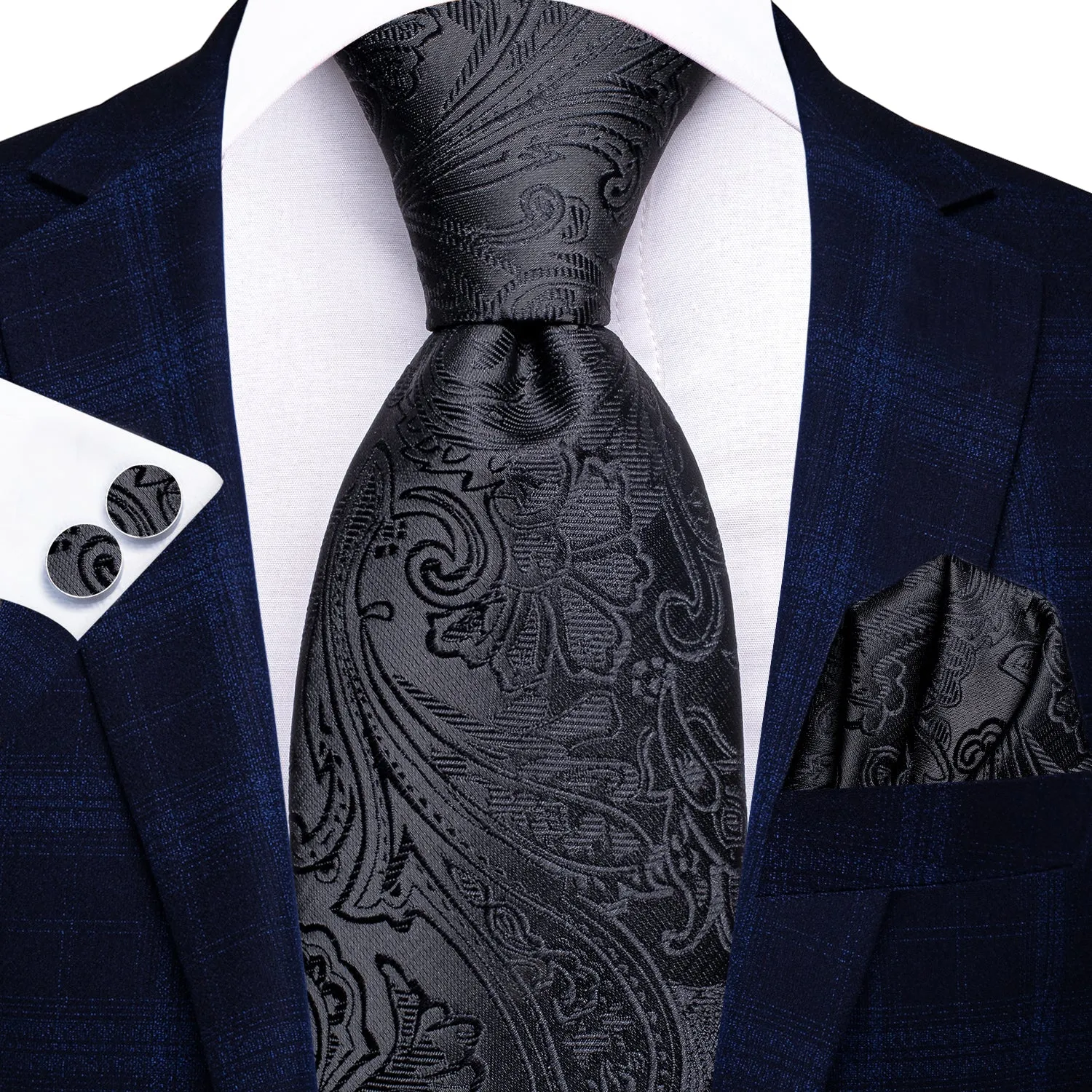 Hi-Tie Black Paisley Silk Men's Necktie Pocket Square Cufflinks Set