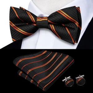 Hi-Tie Black Pre-Tied Bow Tie Orange Stripes Tie Hanky Cufflinks Set