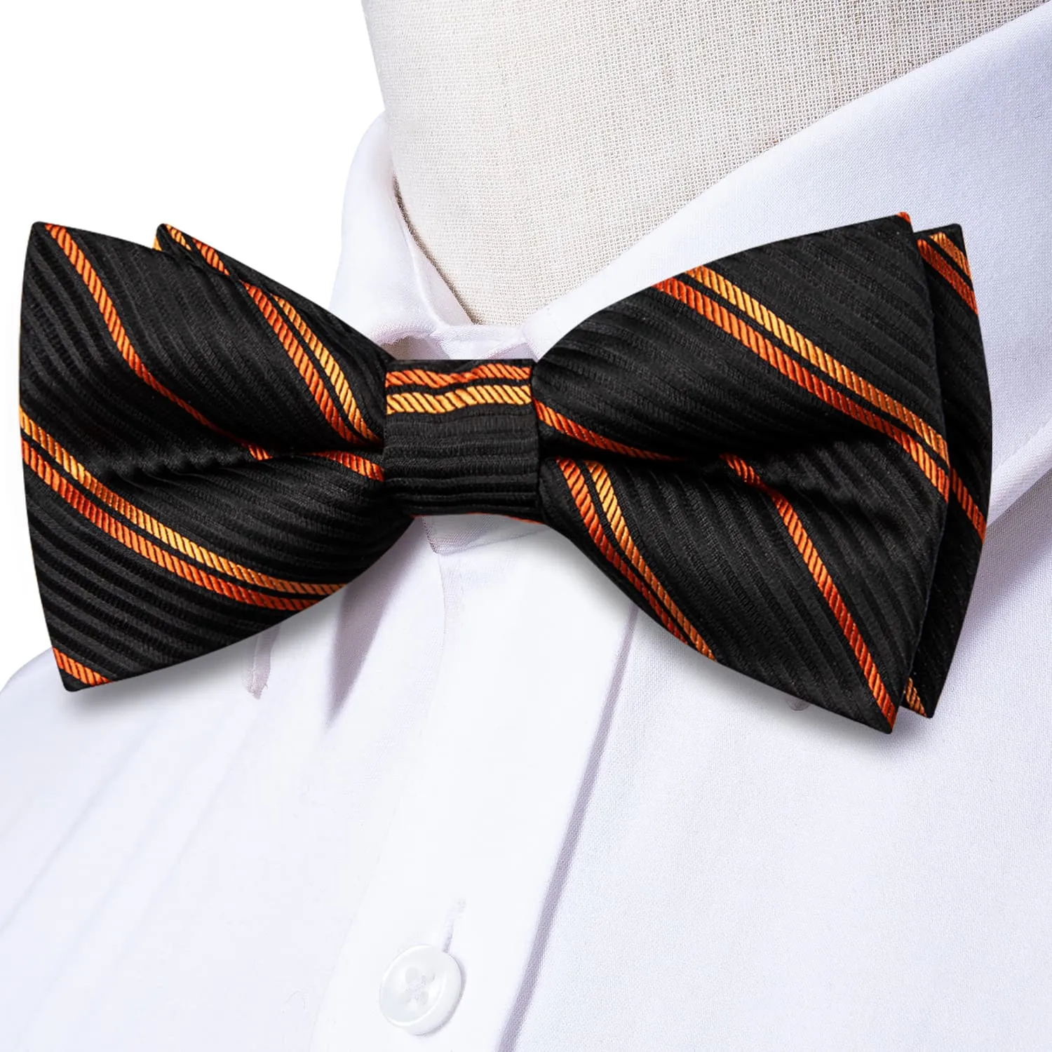 Hi-Tie Black Pre-Tied Bow Tie Orange Stripes Tie Hanky Cufflinks Set