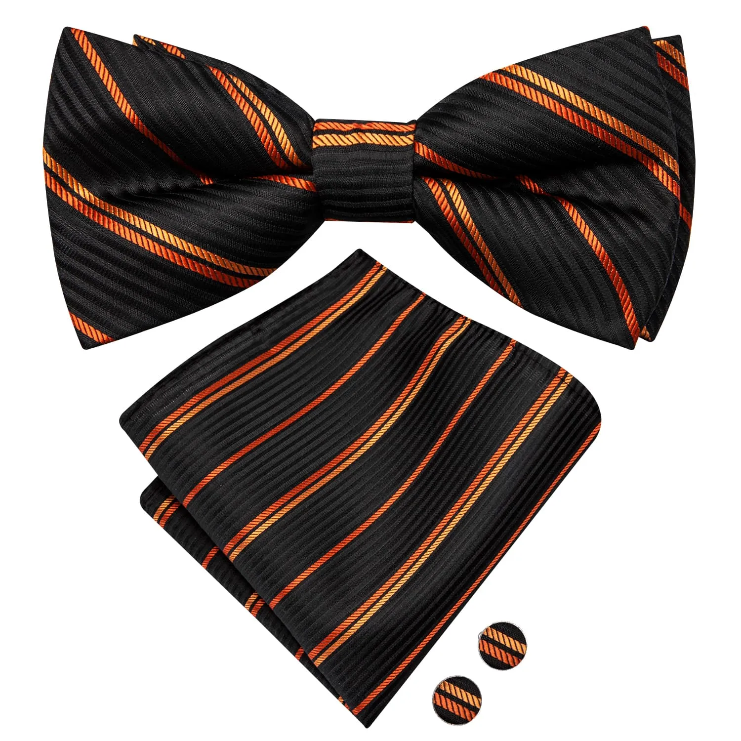 Hi-Tie Black Pre-Tied Bow Tie Orange Stripes Tie Hanky Cufflinks Set