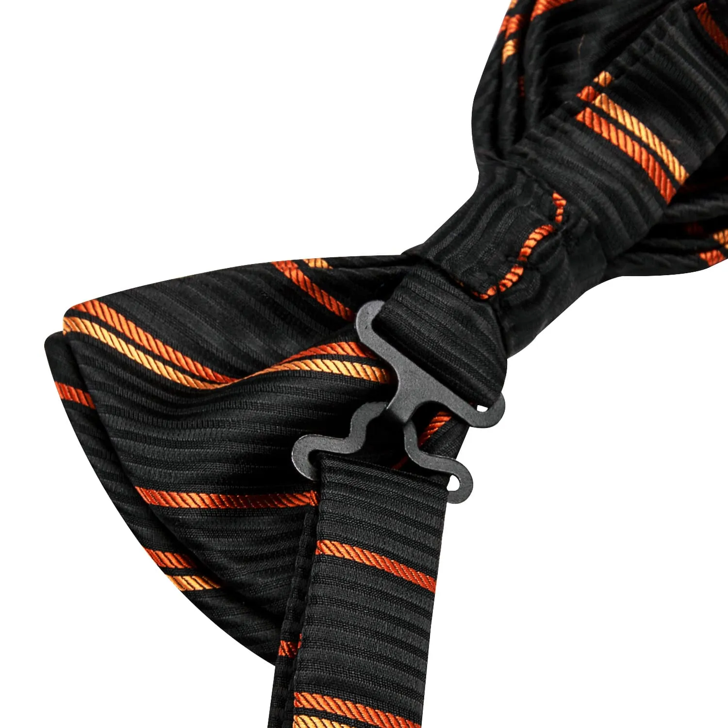 Hi-Tie Black Pre-Tied Bow Tie Orange Stripes Tie Hanky Cufflinks Set