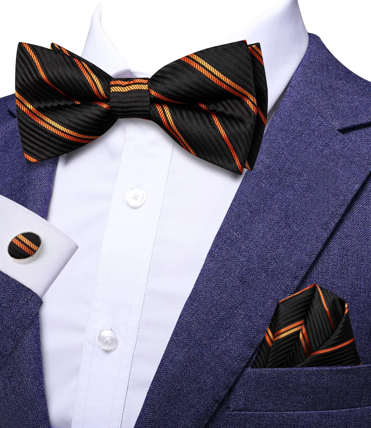 Hi-Tie Black Pre-Tied Bow Tie Orange Stripes Tie Hanky Cufflinks Set