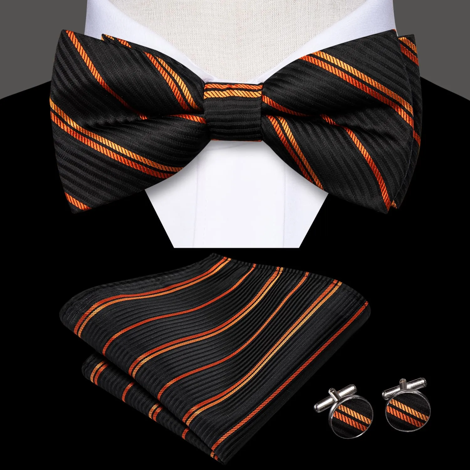 Hi-Tie Black Pre-Tied Bow Tie Orange Stripes Tie Hanky Cufflinks Set