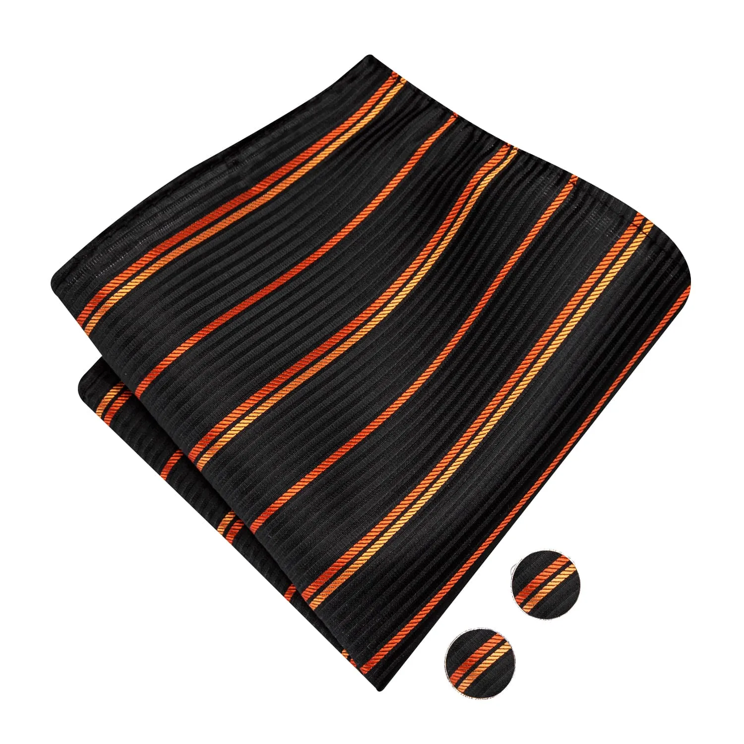 Hi-Tie Black Pre-Tied Bow Tie Orange Stripes Tie Hanky Cufflinks Set