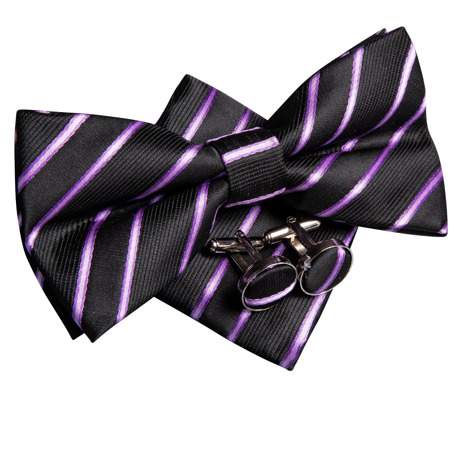 Hi-Tie Black Purple Striped Mens Pre-tied Bow Tie Hanky Cufflinks Set