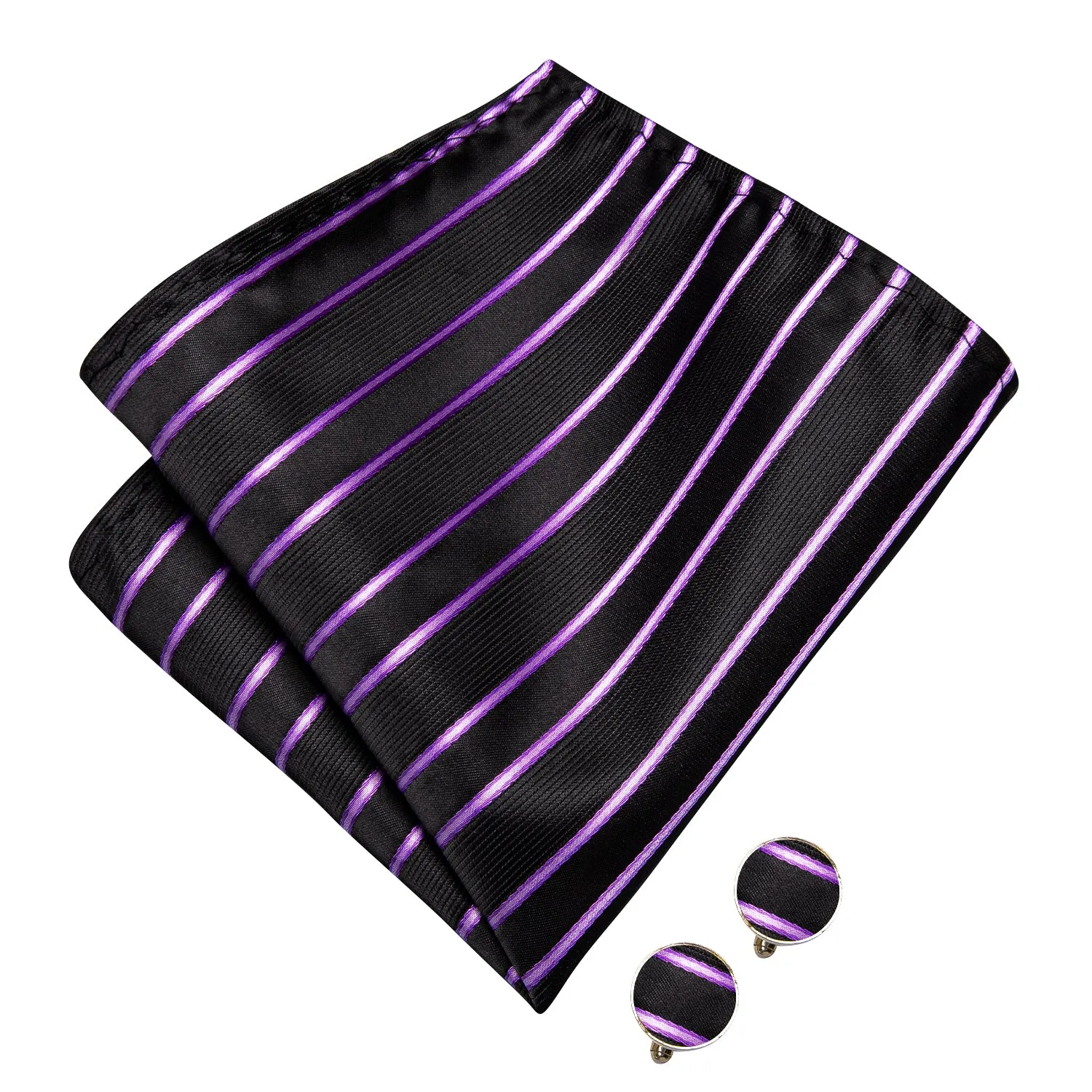 Hi-Tie Black Purple Striped Mens Pre-tied Bow Tie Hanky Cufflinks Set