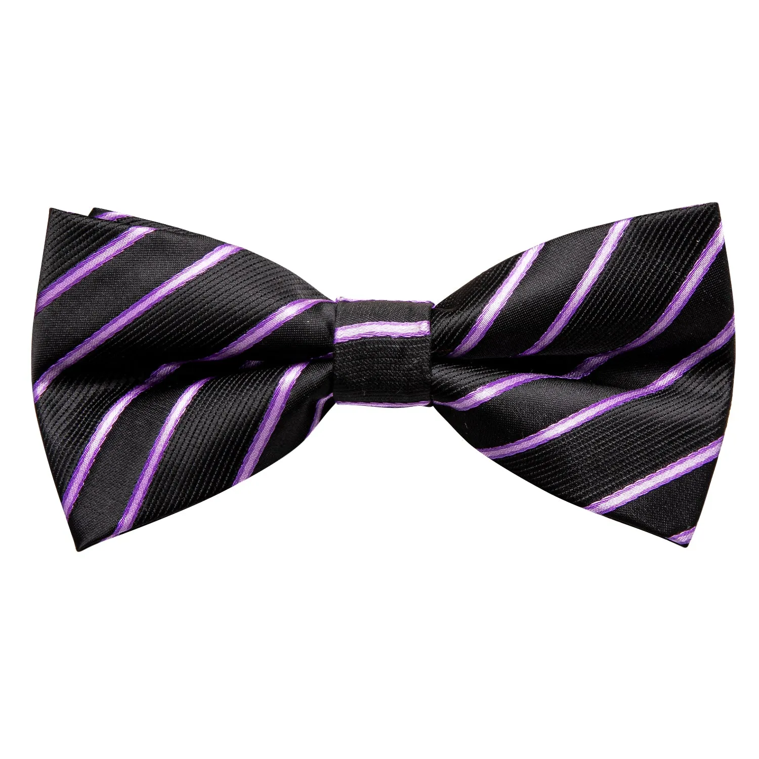 Hi-Tie Black Purple Striped Mens Pre-tied Bow Tie Hanky Cufflinks Set