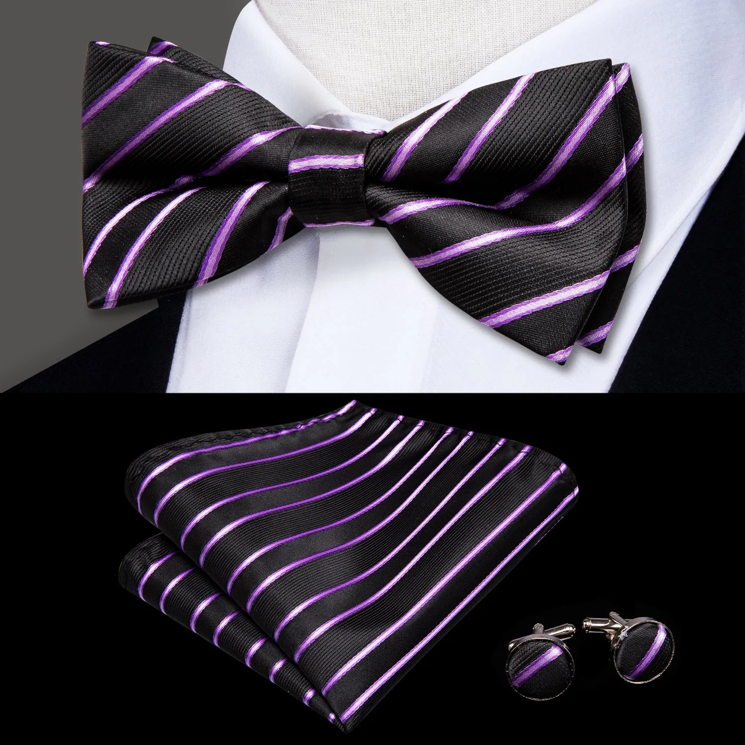 Hi-Tie Black Purple Striped Mens Pre-tied Bow Tie Hanky Cufflinks Set