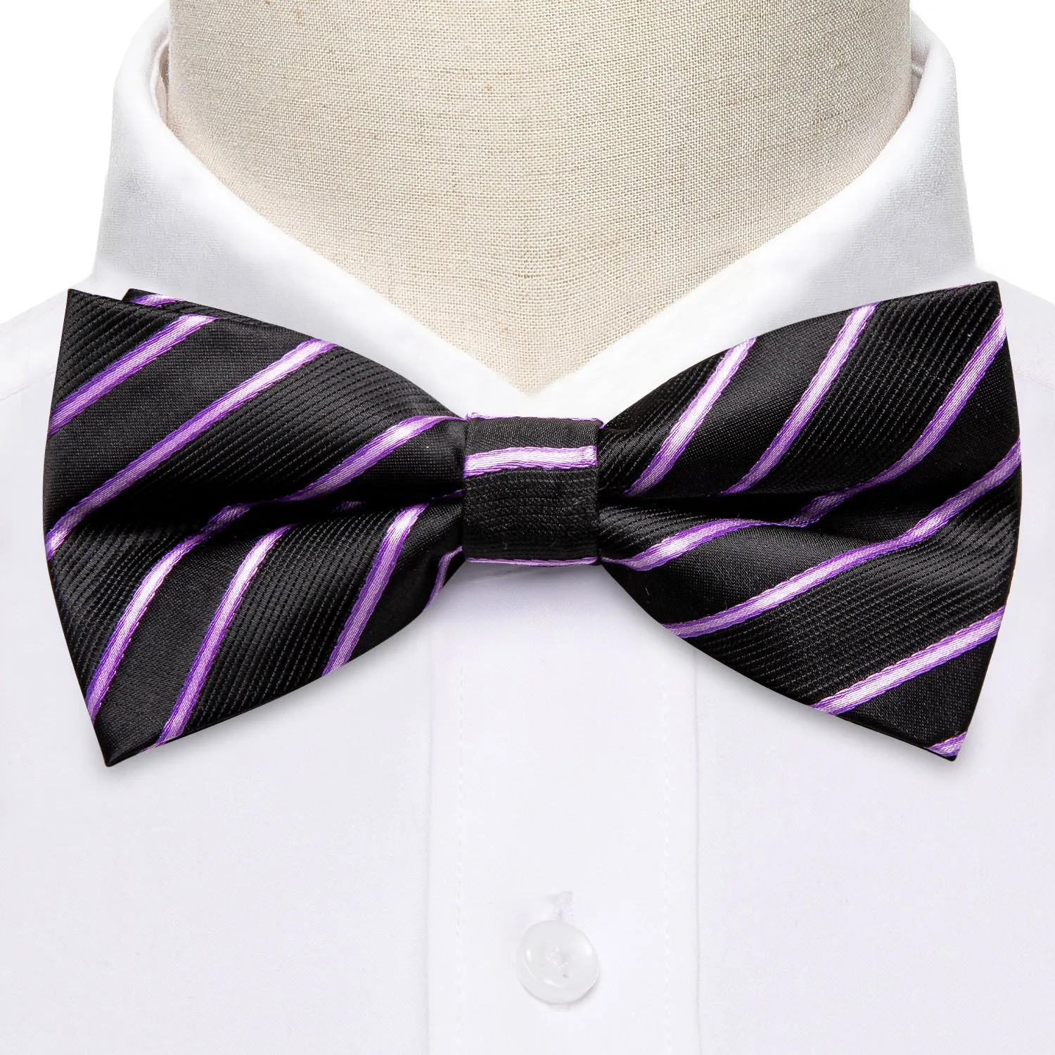 Hi-Tie Black Purple Striped Mens Pre-tied Bow Tie Hanky Cufflinks Set