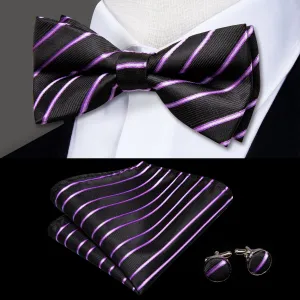 Hi-Tie Black Purple Striped Mens Pre-tied Bow Tie Hanky Cufflinks Set