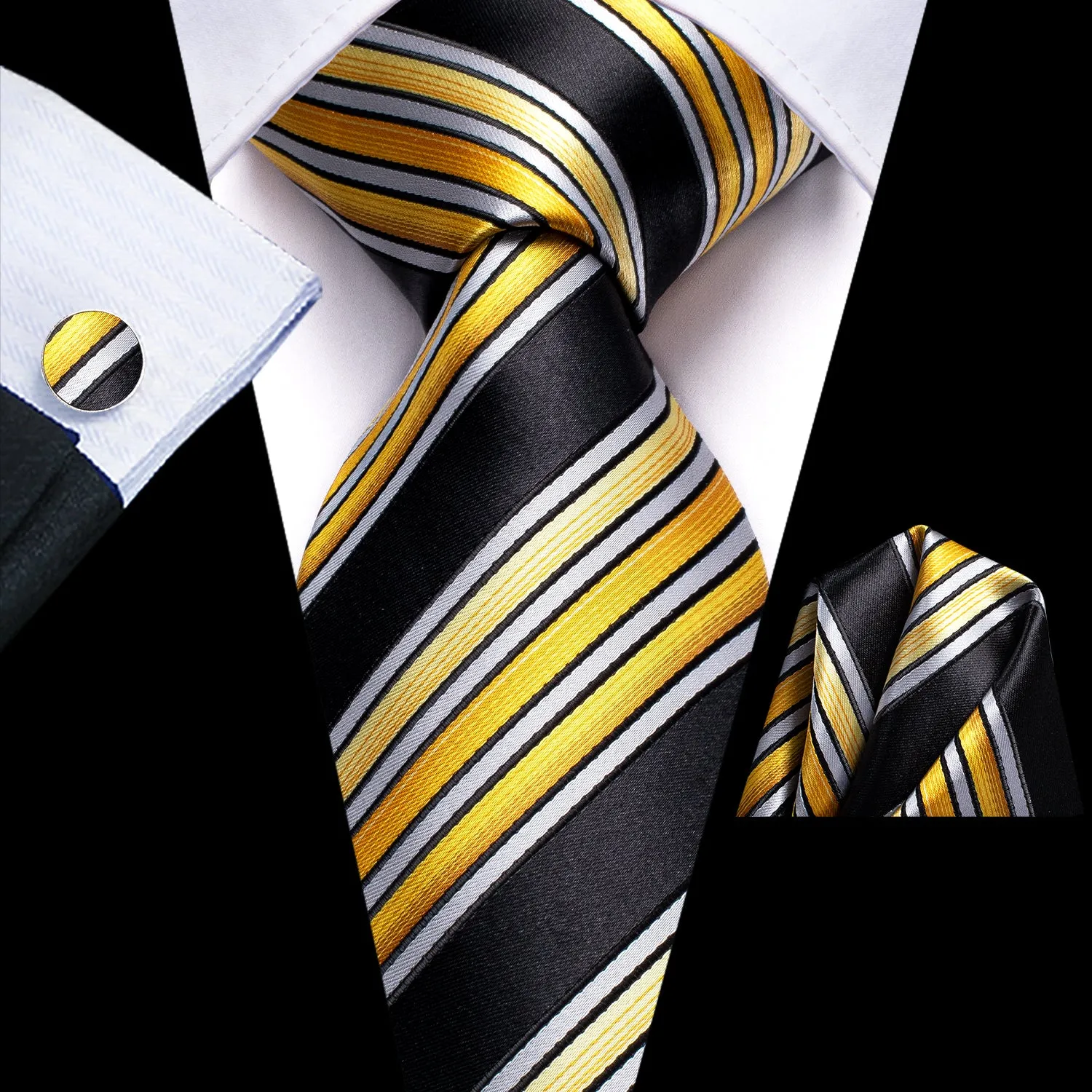 Hi-Tie Black Yellow White Striped Neck Tie Pocket Square Cufflinks Set