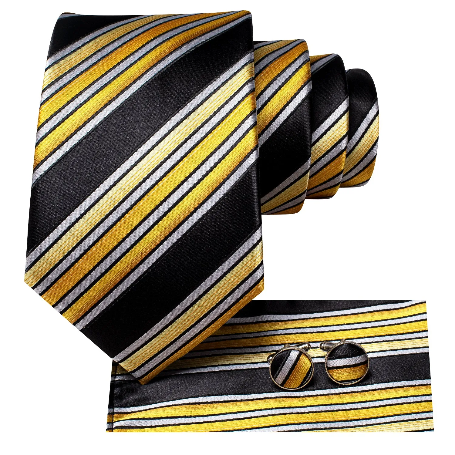 Hi-Tie Black Yellow White Striped Neck Tie Pocket Square Cufflinks Set