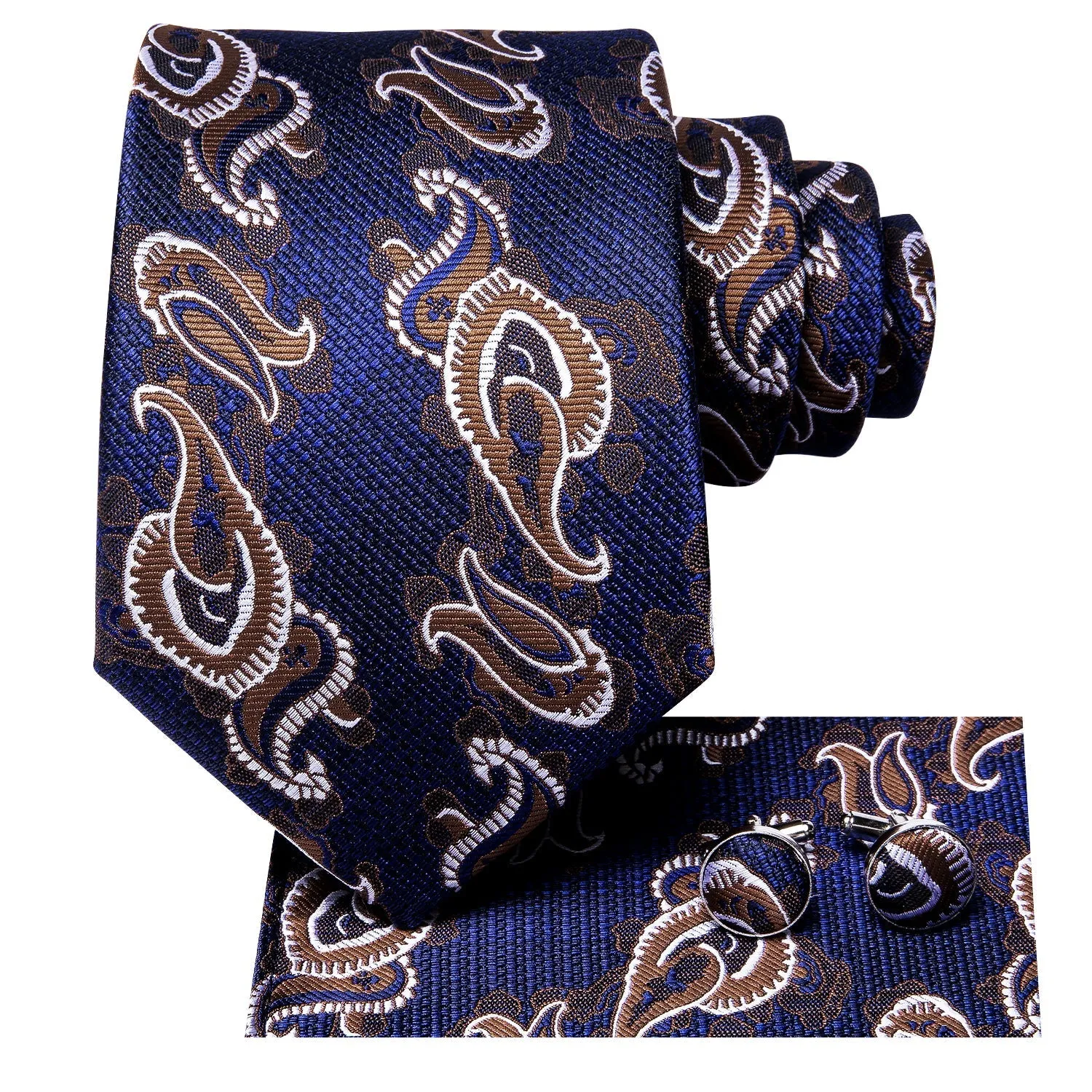 Hi-Tie Blue Brown Paisley Tie Hanky Cufflinks Set with Wedding Brooch