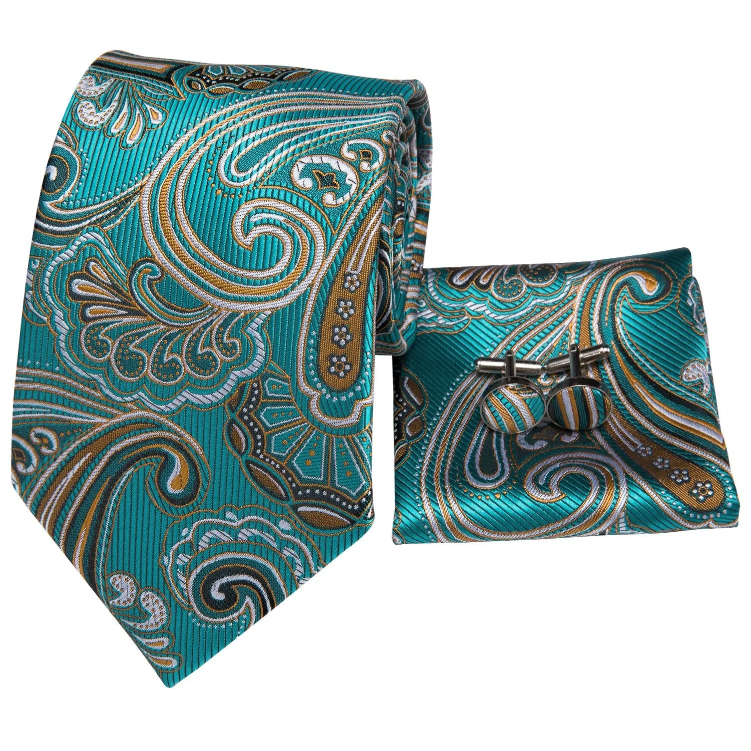 Hi-Tie Blue Green Paisley Men's Necktie Pocket Square Cufflinks Set