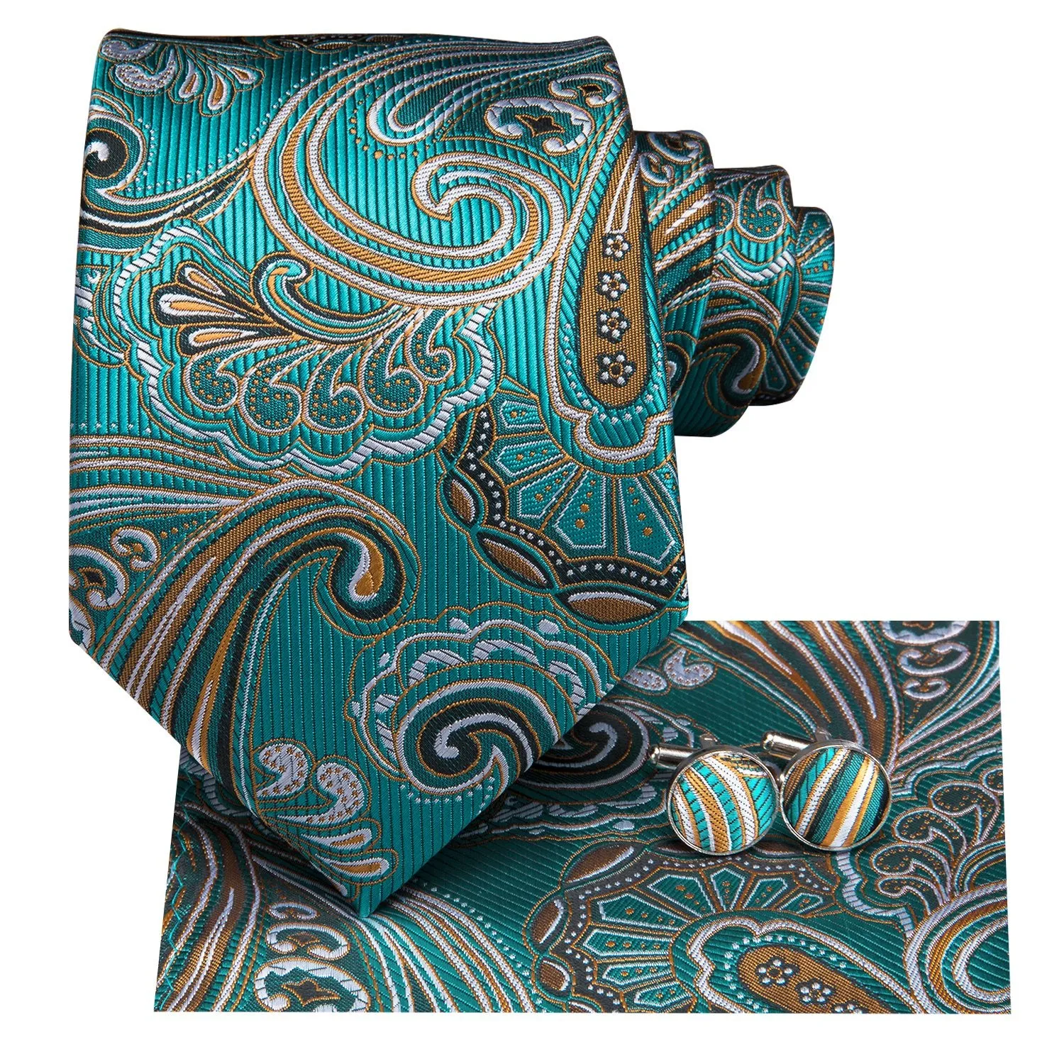 Hi-Tie Blue Green Paisley Men's Necktie Pocket Square Cufflinks Set