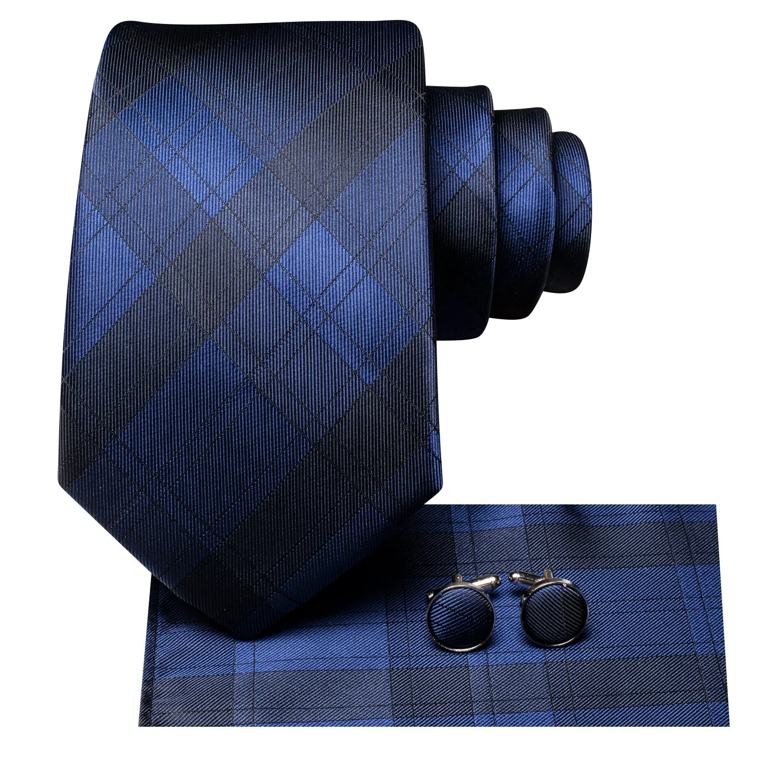 Hi-Tie Blue Necktie Black Plaid Silk Tie Pocket Square Cufflinks Set