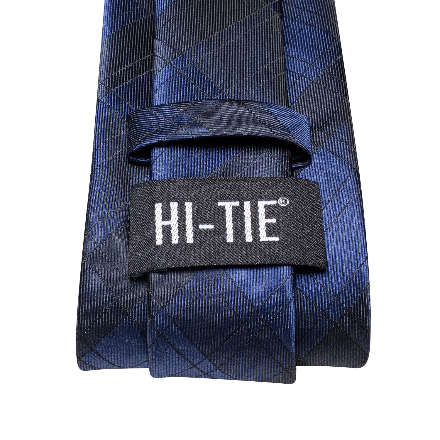 Hi-Tie Blue Necktie Black Plaid Silk Tie Pocket Square Cufflinks Set