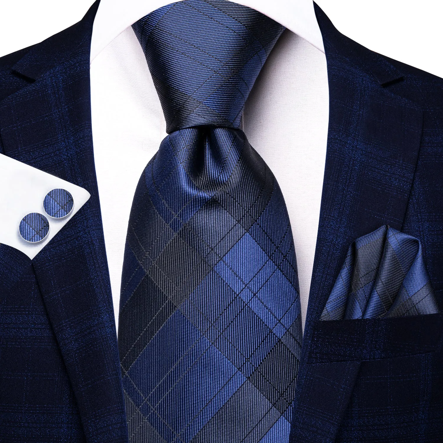 Hi-Tie Blue Necktie Black Plaid Silk Tie Pocket Square Cufflinks Set