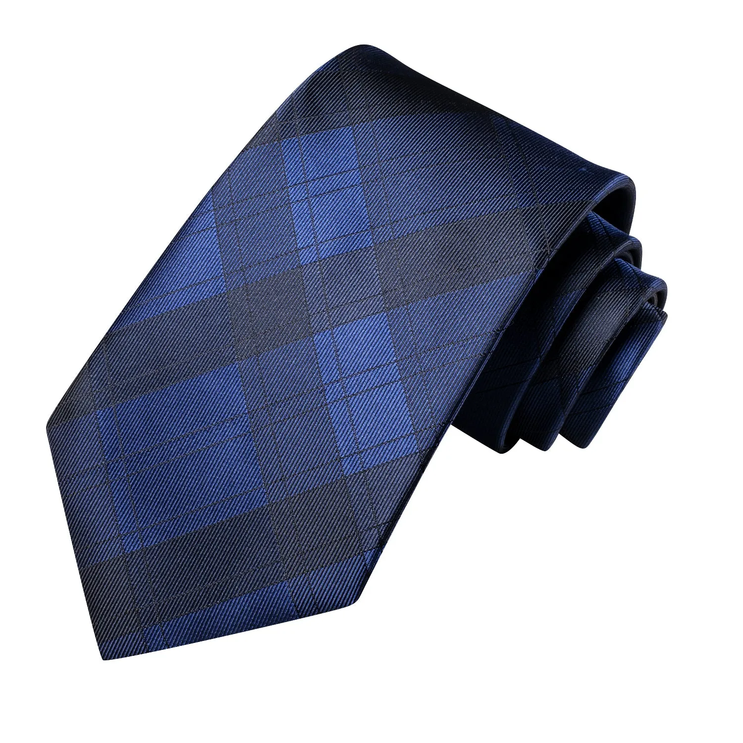 Hi-Tie Blue Necktie Black Plaid Silk Tie Pocket Square Cufflinks Set