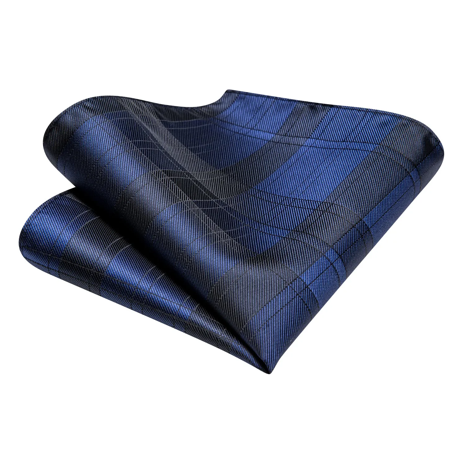 Hi-Tie Blue Necktie Black Plaid Silk Tie Pocket Square Cufflinks Set