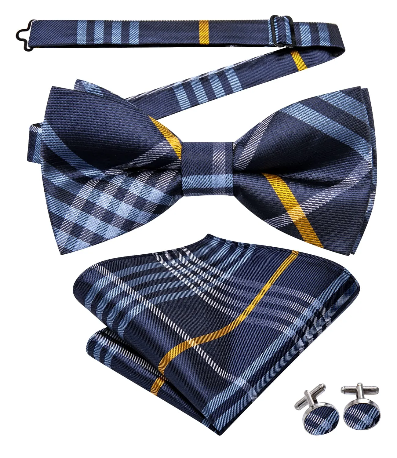 Hi-Tie Blue Necktie White Yellow Stripes Bow Tie Hanky Cufflinks Set