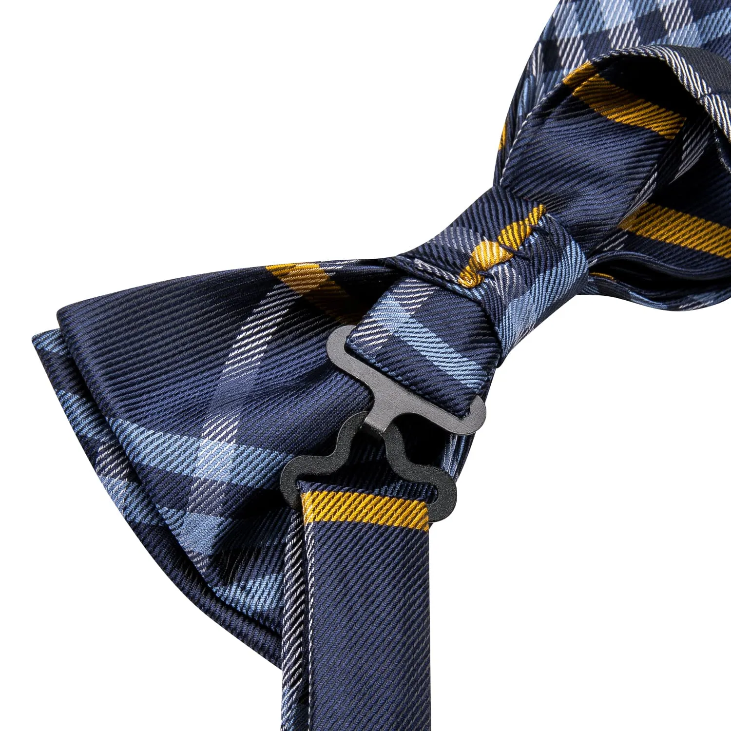 Hi-Tie Blue Necktie White Yellow Stripes Bow Tie Hanky Cufflinks Set