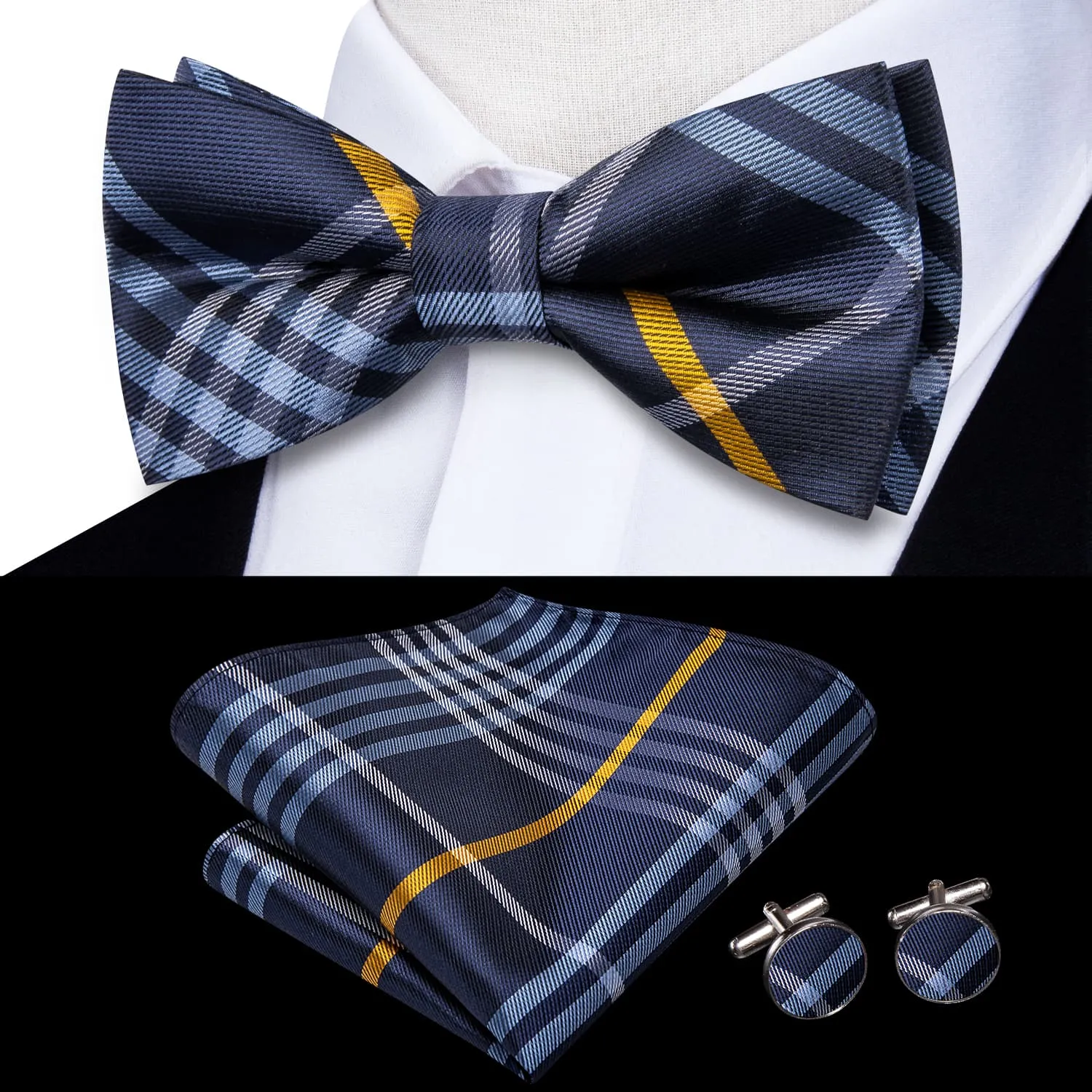 Hi-Tie Blue Necktie White Yellow Stripes Bow Tie Hanky Cufflinks Set