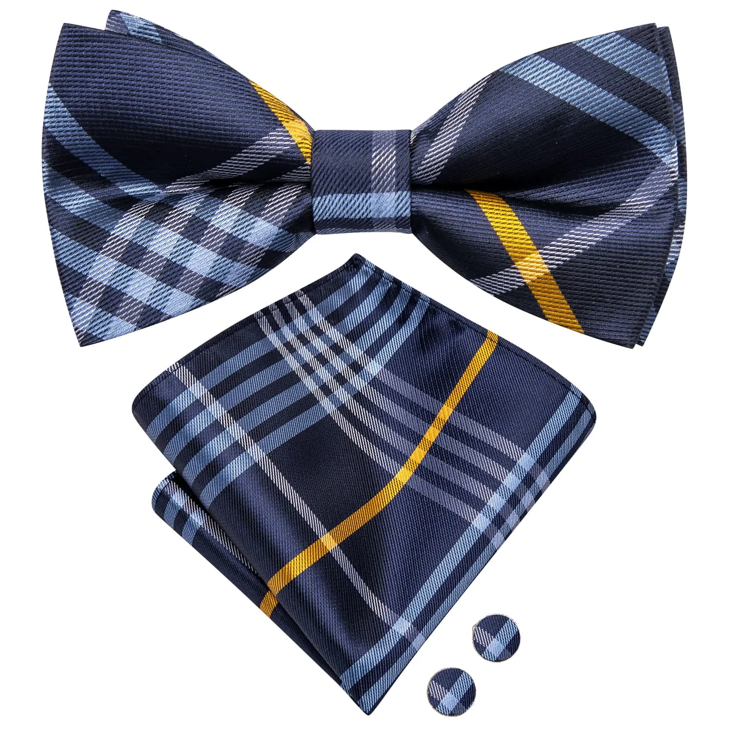 Hi-Tie Blue Necktie White Yellow Stripes Bow Tie Hanky Cufflinks Set