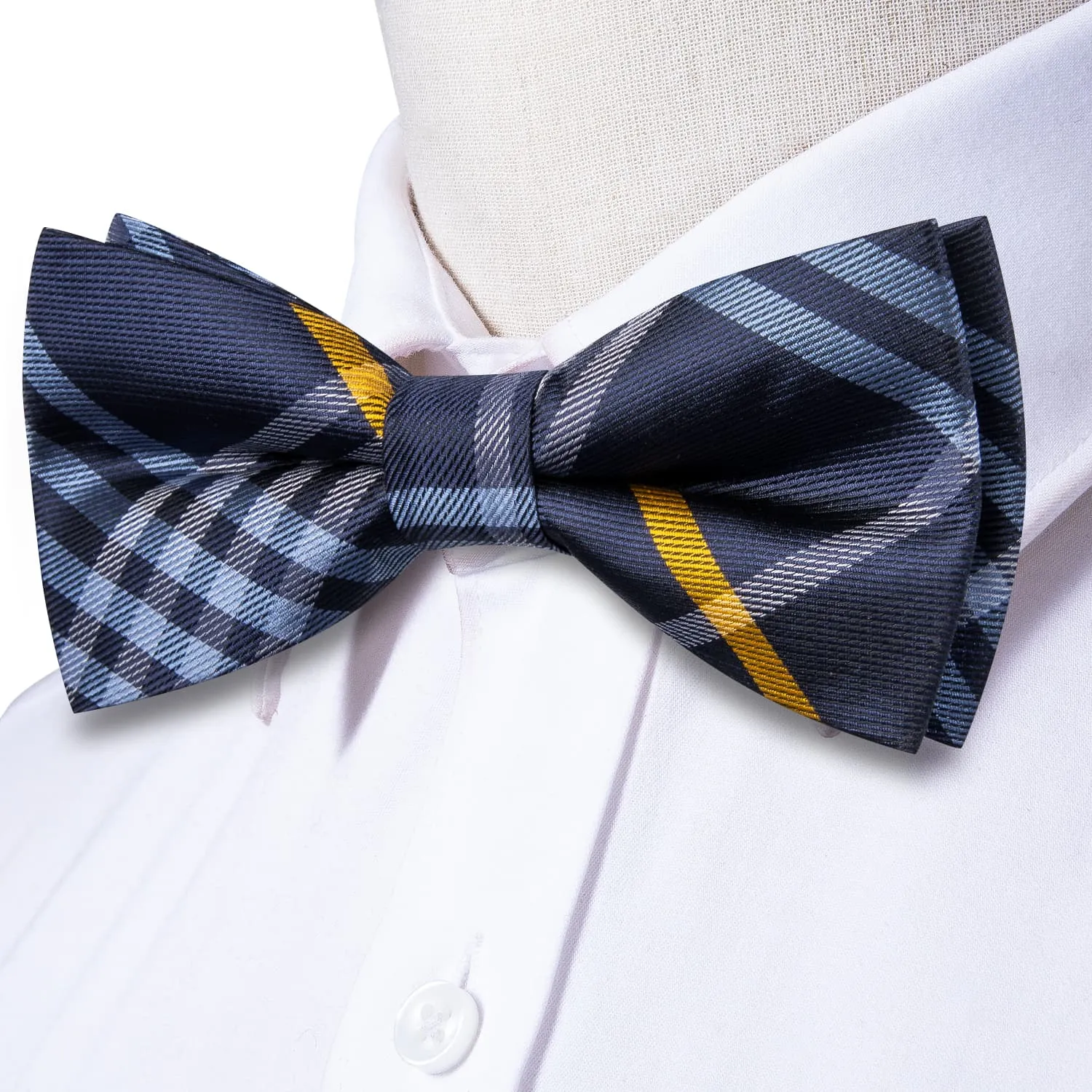 Hi-Tie Blue Necktie White Yellow Stripes Bow Tie Hanky Cufflinks Set