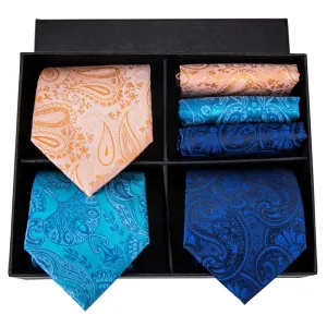 Hi-Tie Blue Orange Paisley Tie Pocket Square Cufflinks Gift Box Set