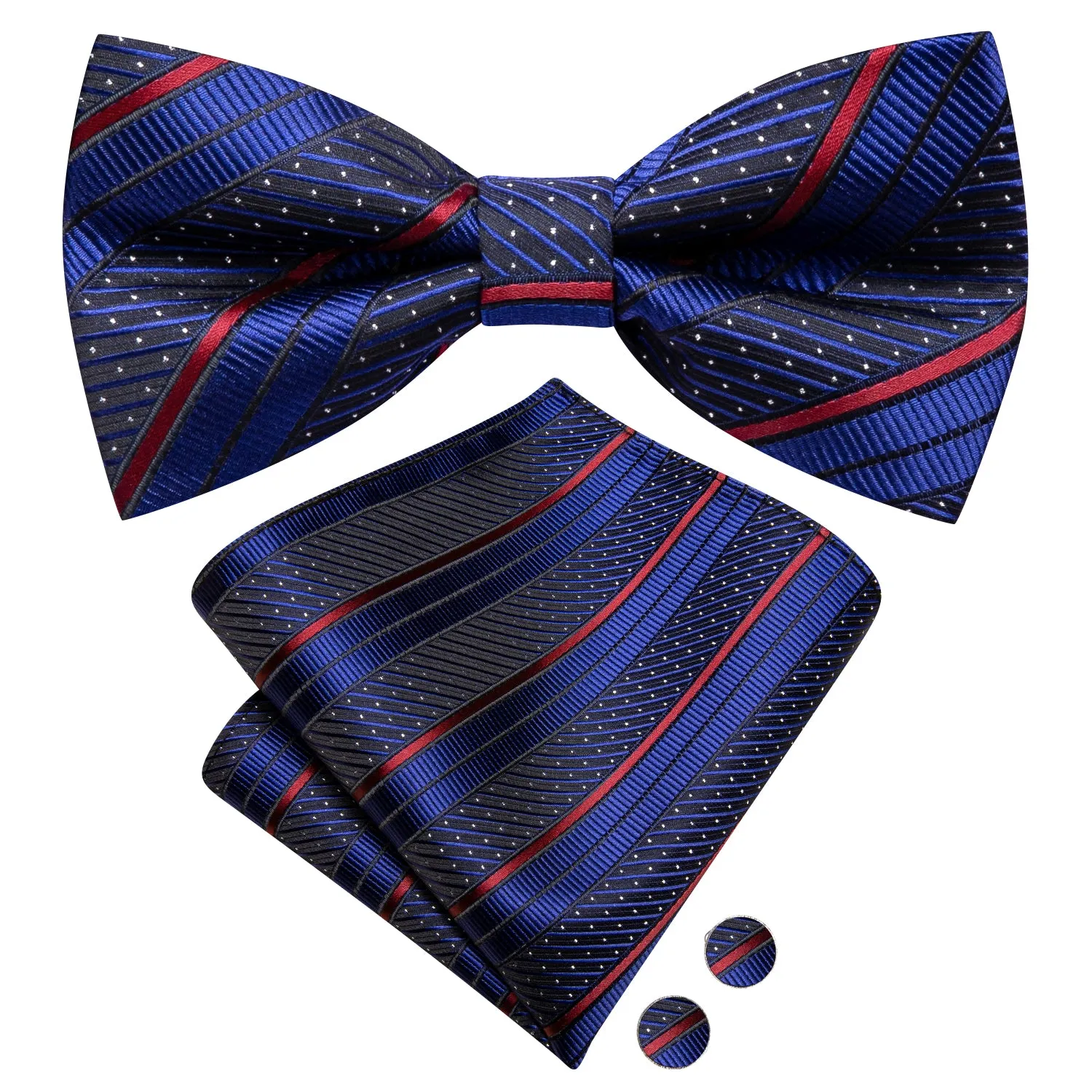 Hi-Tie Blue Red Striped Pre-tied Bow Tie Hanky Cufflinks Set