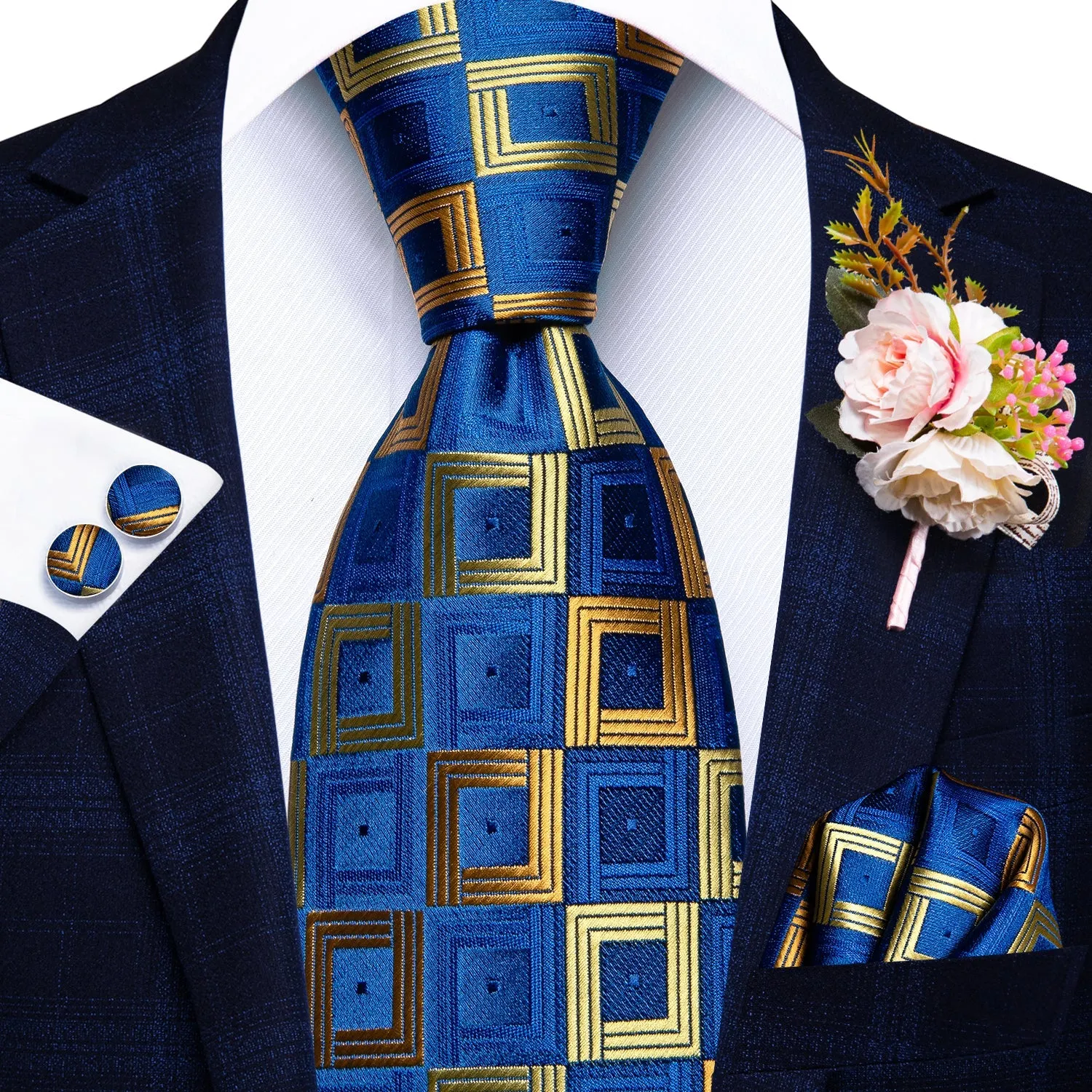 Hi-Tie Blue Tie Gold Plaid Wedding Necktie Pocket Square Cufflinks Set