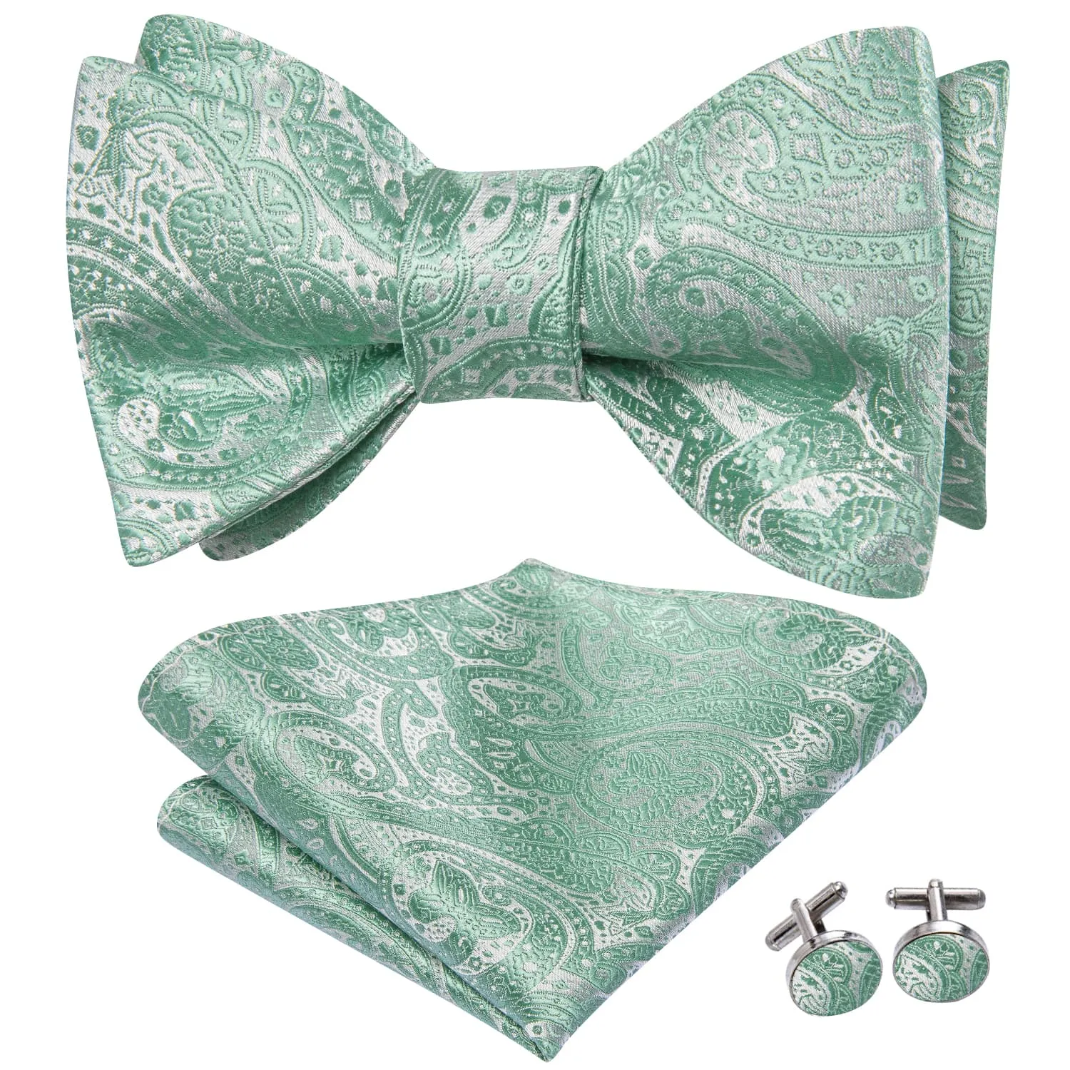 Hi-Tie Bow Tie Aqua Green Jacquard Paisley Men Tie Hanky Cufflinks Set