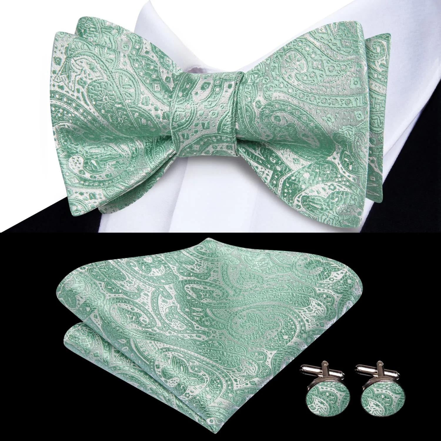 Hi-Tie Bow Tie Aqua Green Jacquard Paisley Men Tie Hanky Cufflinks Set