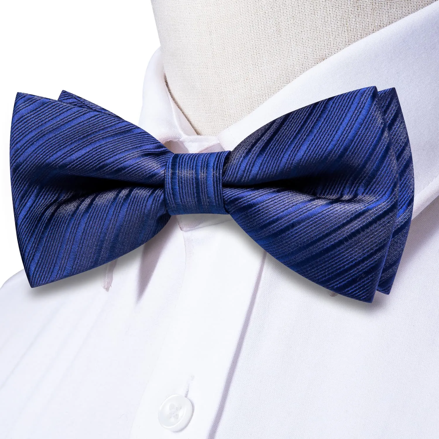 Hi-Tie Cerulean Blue Woven Striped Bow Tie Pocket Square Cufflinks Set