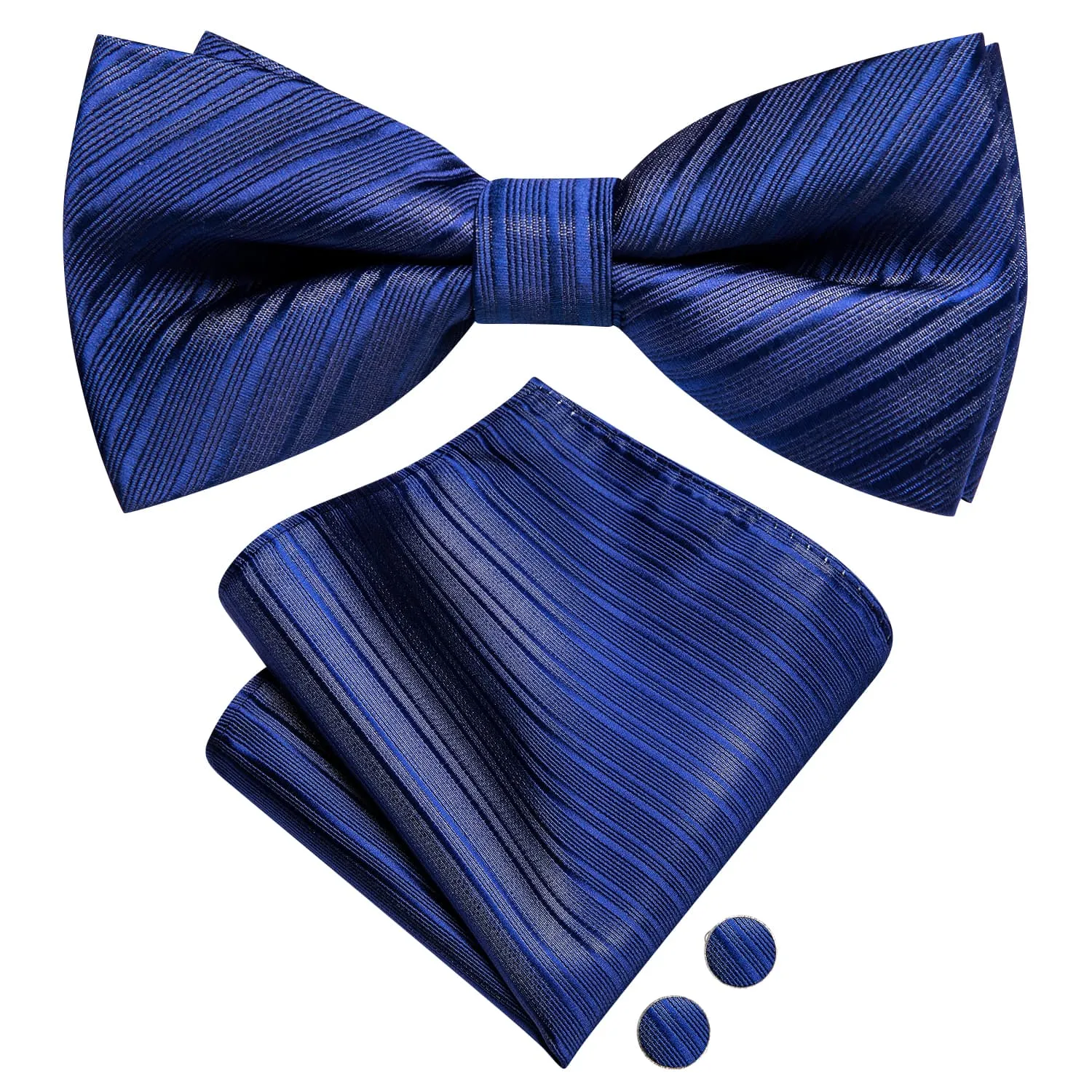 Hi-Tie Cerulean Blue Woven Striped Bow Tie Pocket Square Cufflinks Set