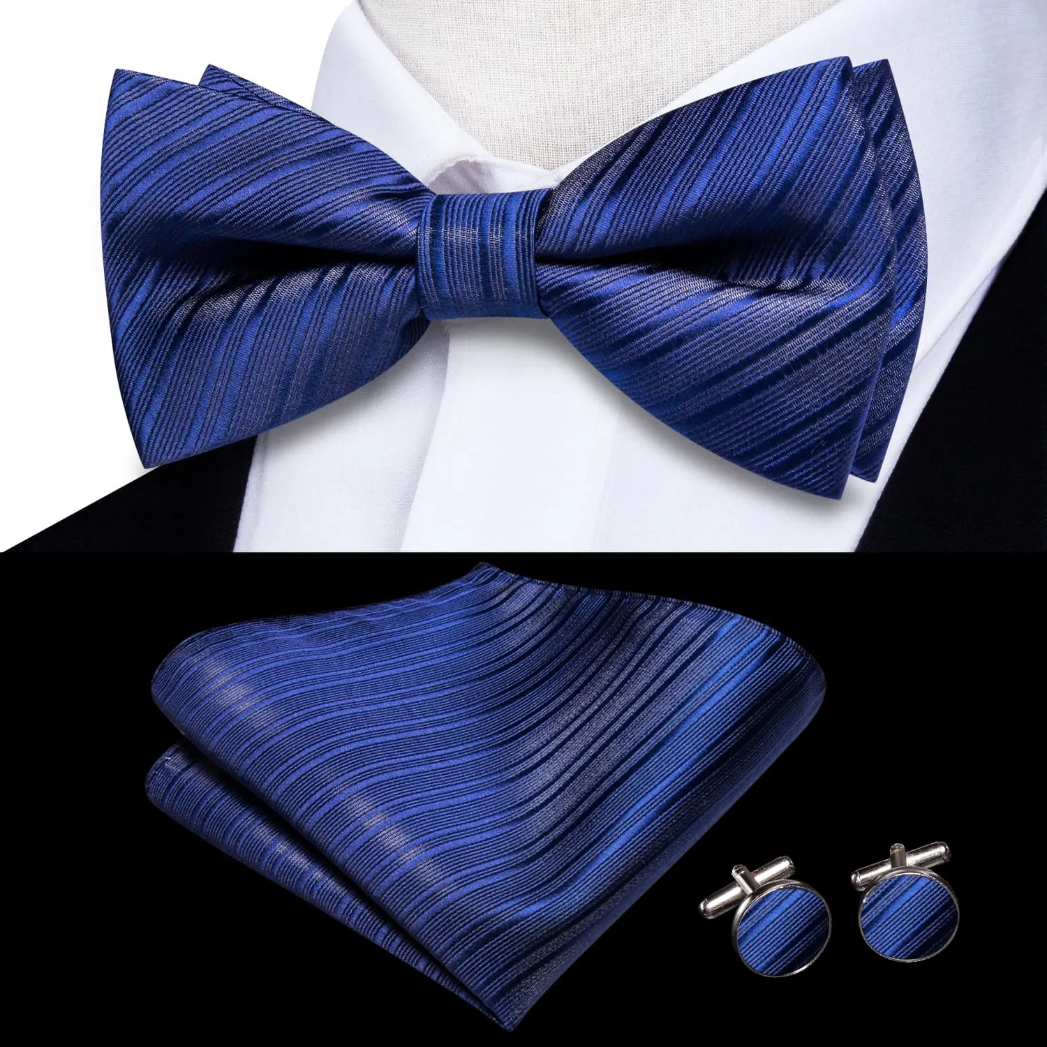 Hi-Tie Cerulean Blue Woven Striped Bow Tie Pocket Square Cufflinks Set