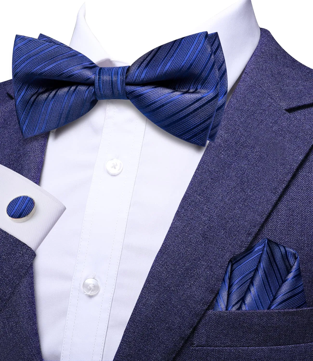 Hi-Tie Cerulean Blue Woven Striped Bow Tie Pocket Square Cufflinks Set