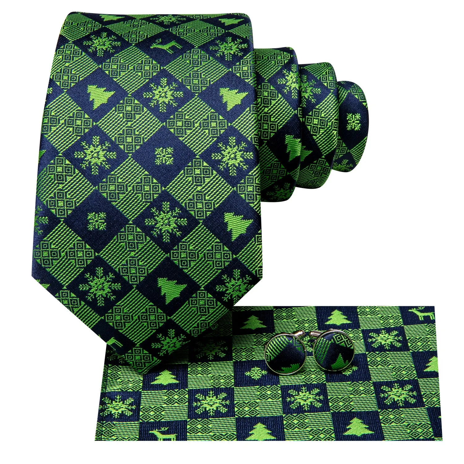 Hi-Tie Christmas Blue Green Novelty Tie Pocket Square Cufflinks Set