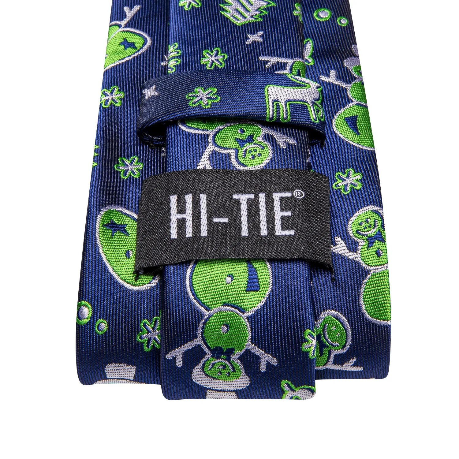 Hi-Tie Christmas Blue Green Snowmen Men's Neck Tie Hanky Cufflinks Set