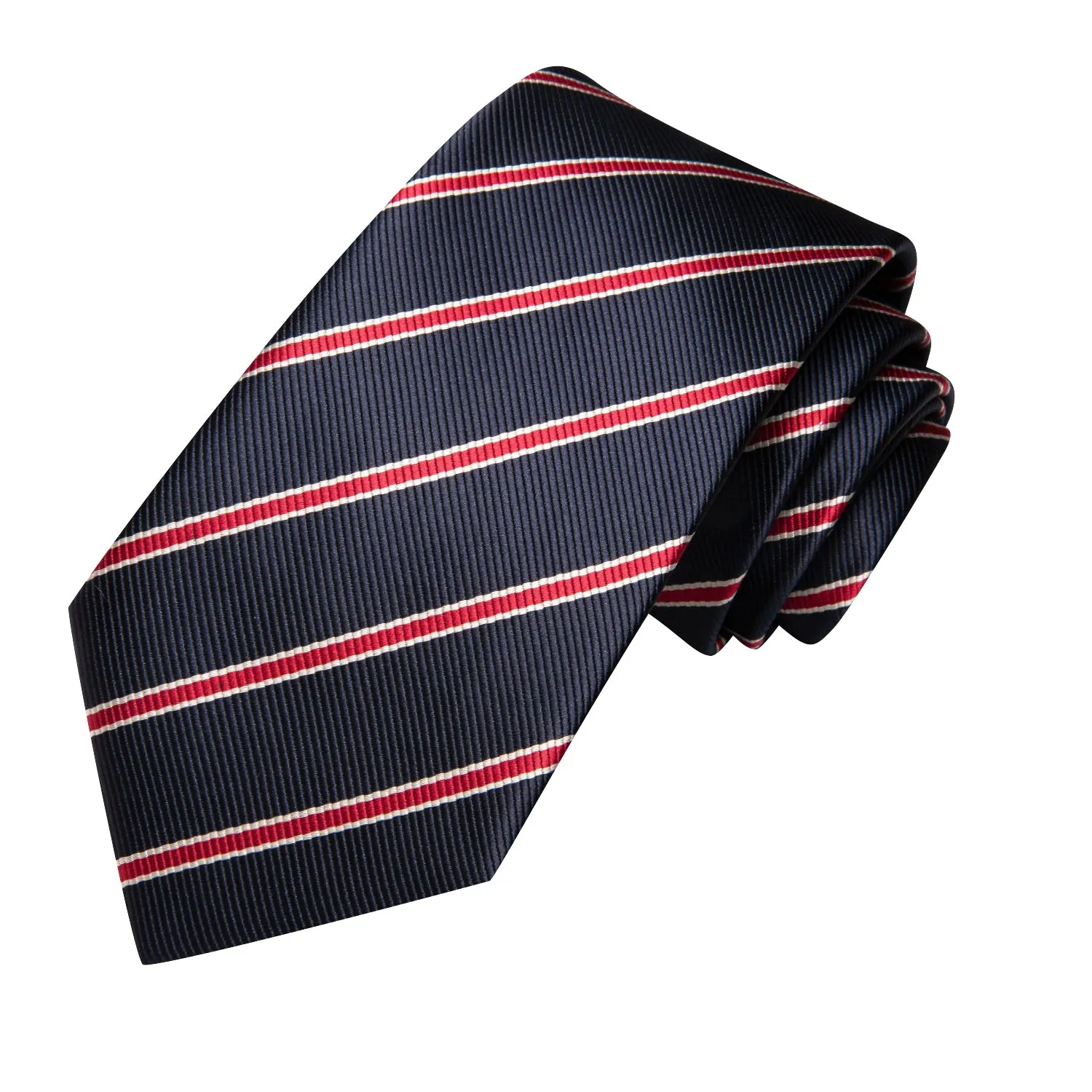 Hi-Tie Dark Blue Necktie Red Striped Tie Pocket Square Cufflinks Set