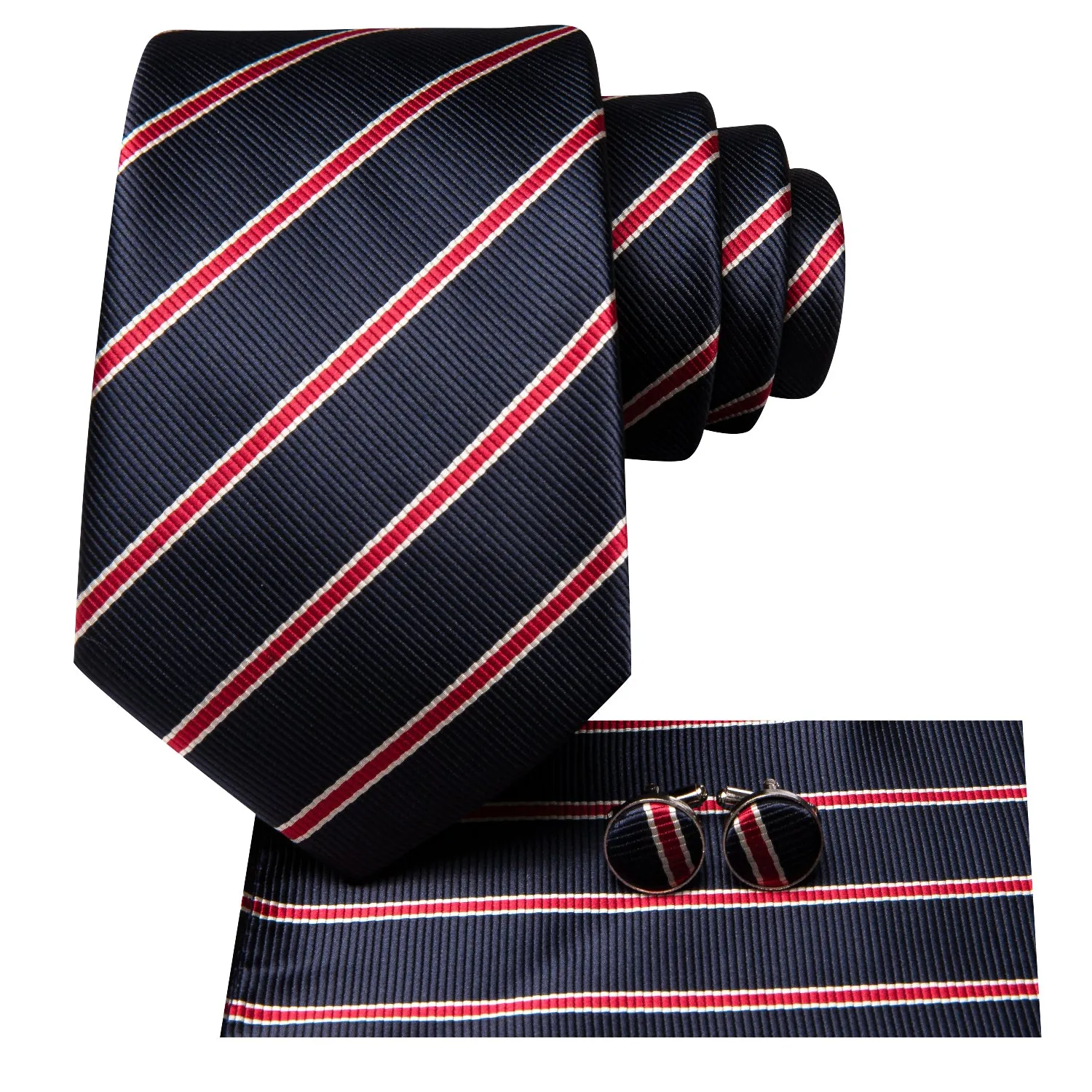 Hi-Tie Dark Blue Necktie Red Striped Tie Pocket Square Cufflinks Set