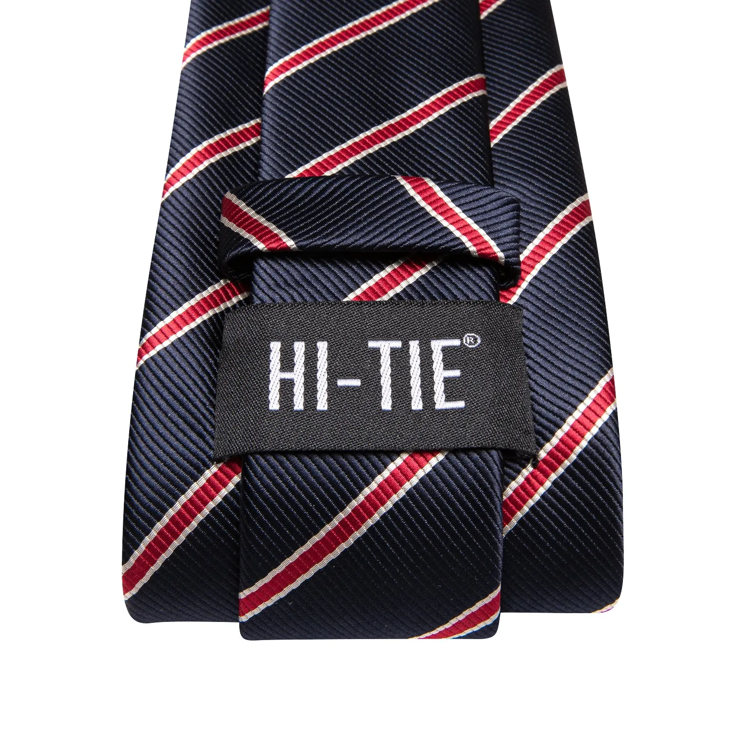 Hi-Tie Dark Blue Necktie Red Striped Tie Pocket Square Cufflinks Set