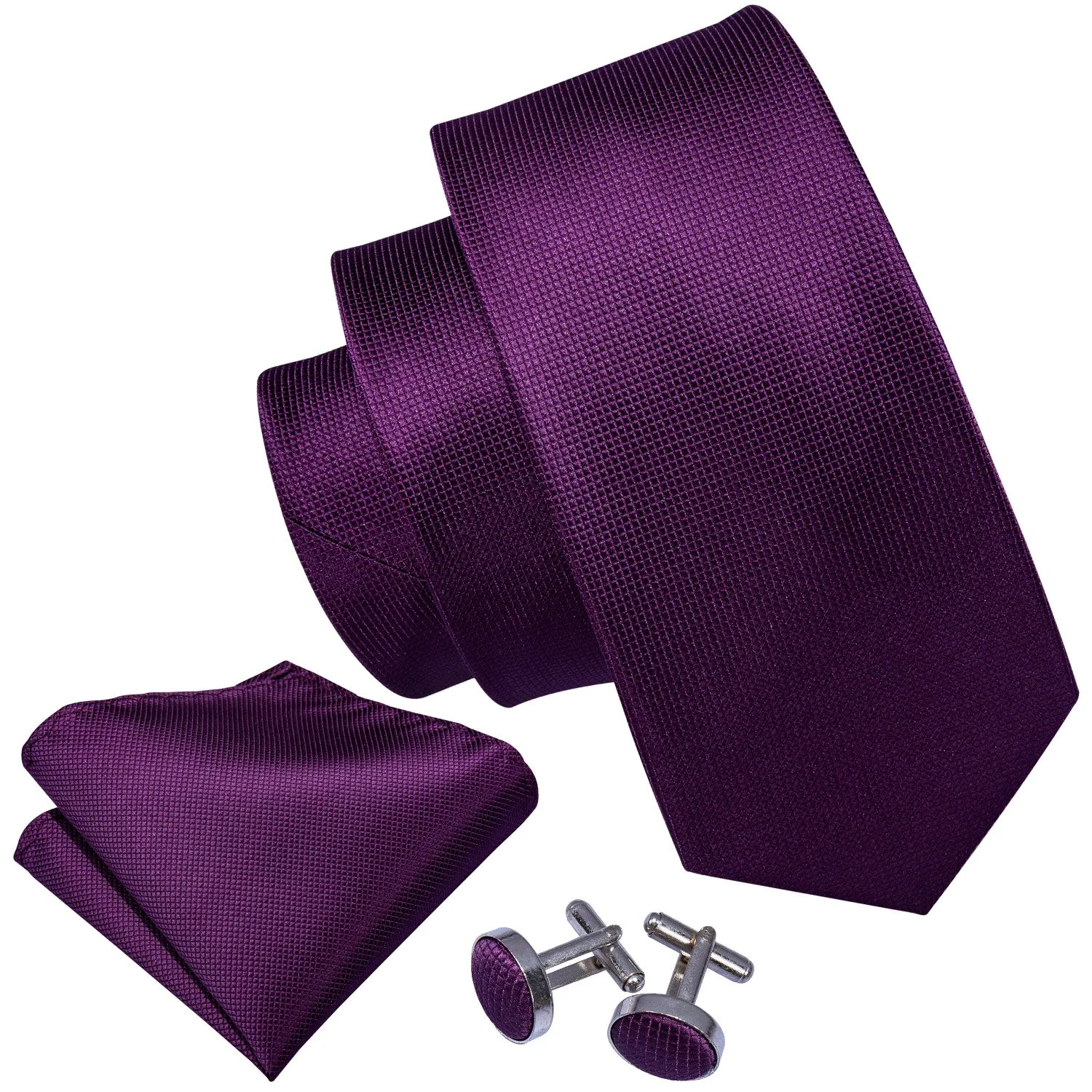 Hi-Tie Dark Purple Mens Necktie Solid Tie Pocket Square Cufflinks Set