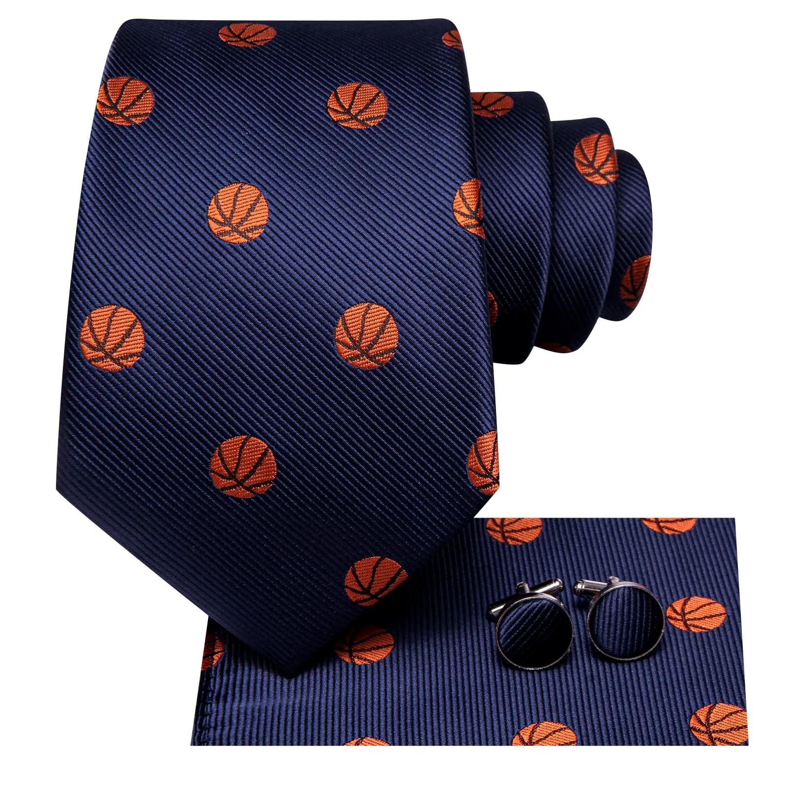 Hi-Tie Deep Blue Novelty Baseball Pattern Silk Mens Tie Handkerchief Cufflinks Set