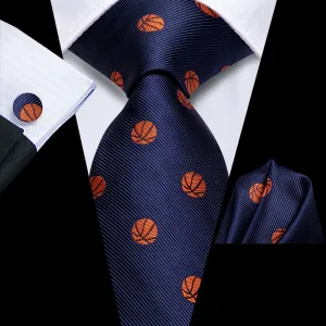 Hi-Tie Deep Blue Novelty Baseball Pattern Silk Mens Tie Handkerchief Cufflinks Set