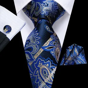 Hi-Tie Deep Blue Paisley Silk Men's Tie Pocket Square Cufflinks Set