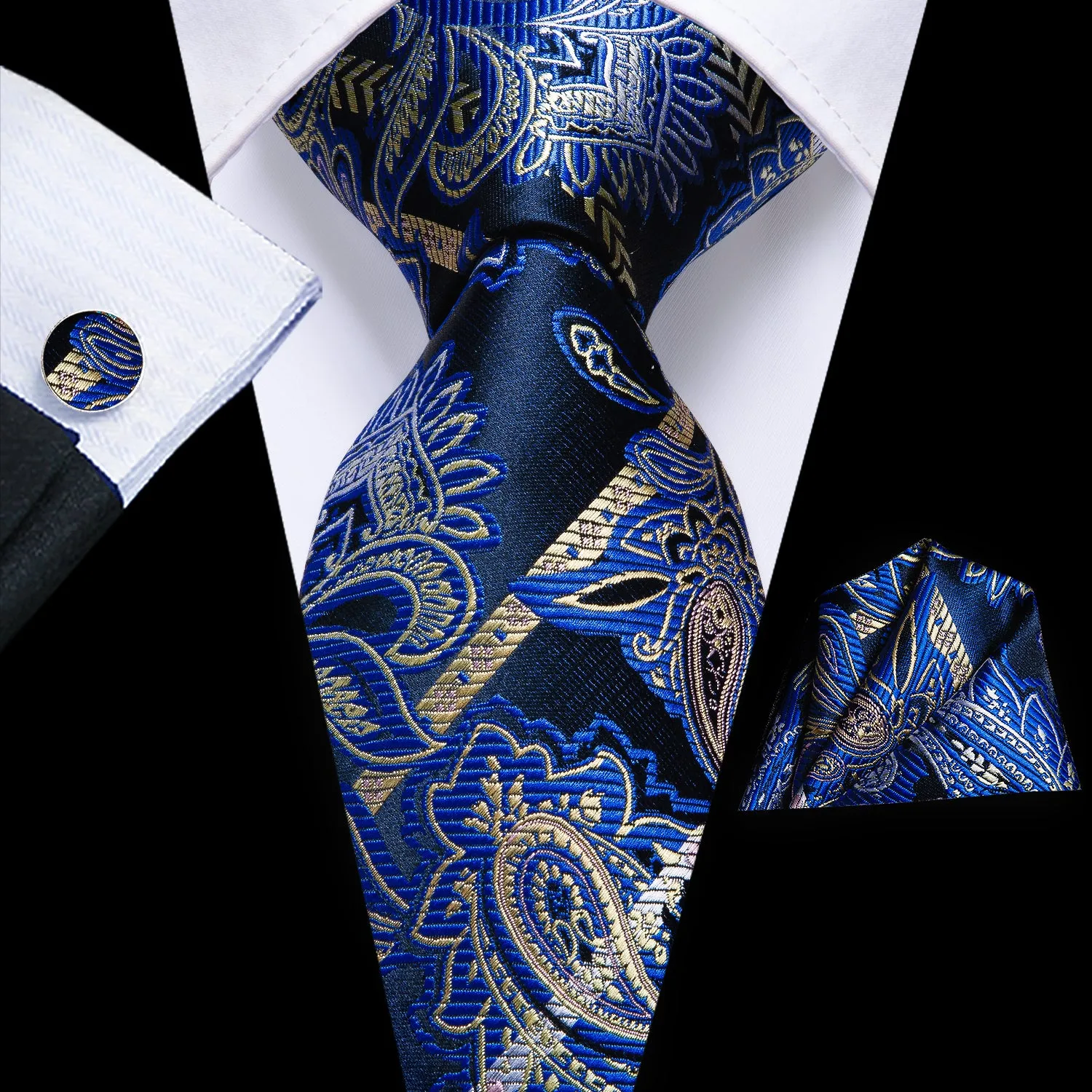 Hi-Tie Deep Blue Paisley Silk Men's Tie Pocket Square Cufflinks Set