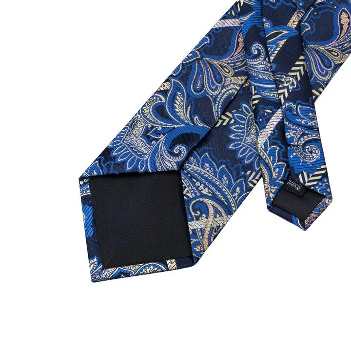 Hi-Tie Deep Blue Paisley Silk Men's Tie Pocket Square Cufflinks Set